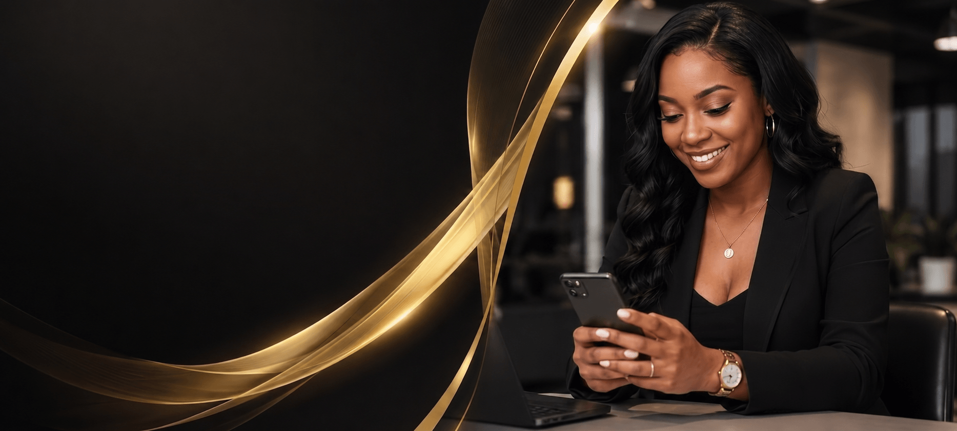 Loan advisor smiling while checking her phone at her desk
